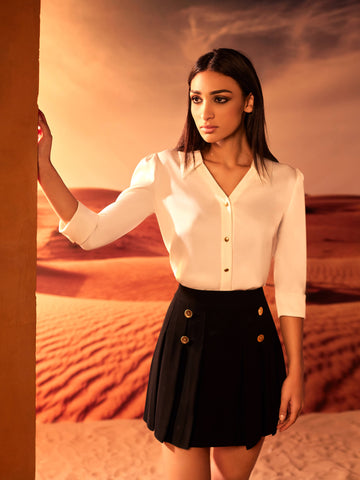 Satin Shirt with Pleated Mini Skirt Satin Shirt with Pleated Mini Skirt
