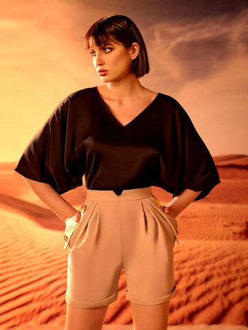 V-neck blouse in satin fabric with High-waisted short pockets V-neck blouse in satin fabric with High-waisted short pockets