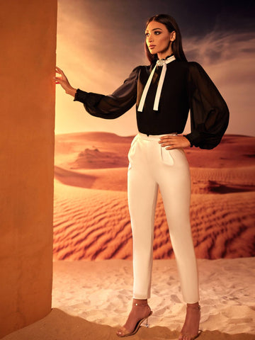 Trouser with waistband and High neck blouse Trouser with waistband and High neck blouse