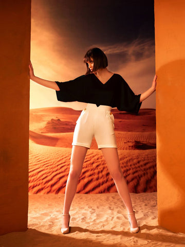 V-neck blouse in satin fabric with High-waisted short pockets V-neck blouse in satin fabric with High-waisted short pockets
