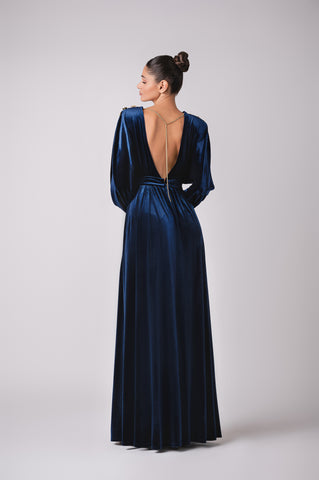 Deep plunge velour maxi dress with signature Cherine Fakhry belt and gold button details Deep plunge velour maxi dress with signature Cherine Fakhry belt and gold button details