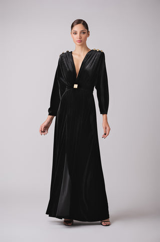 Deep plunge velour maxi dress with signature Cherine Fakhry belt and gold button details Deep plunge velour maxi dress with signature Cherine Fakhry belt and gold button details