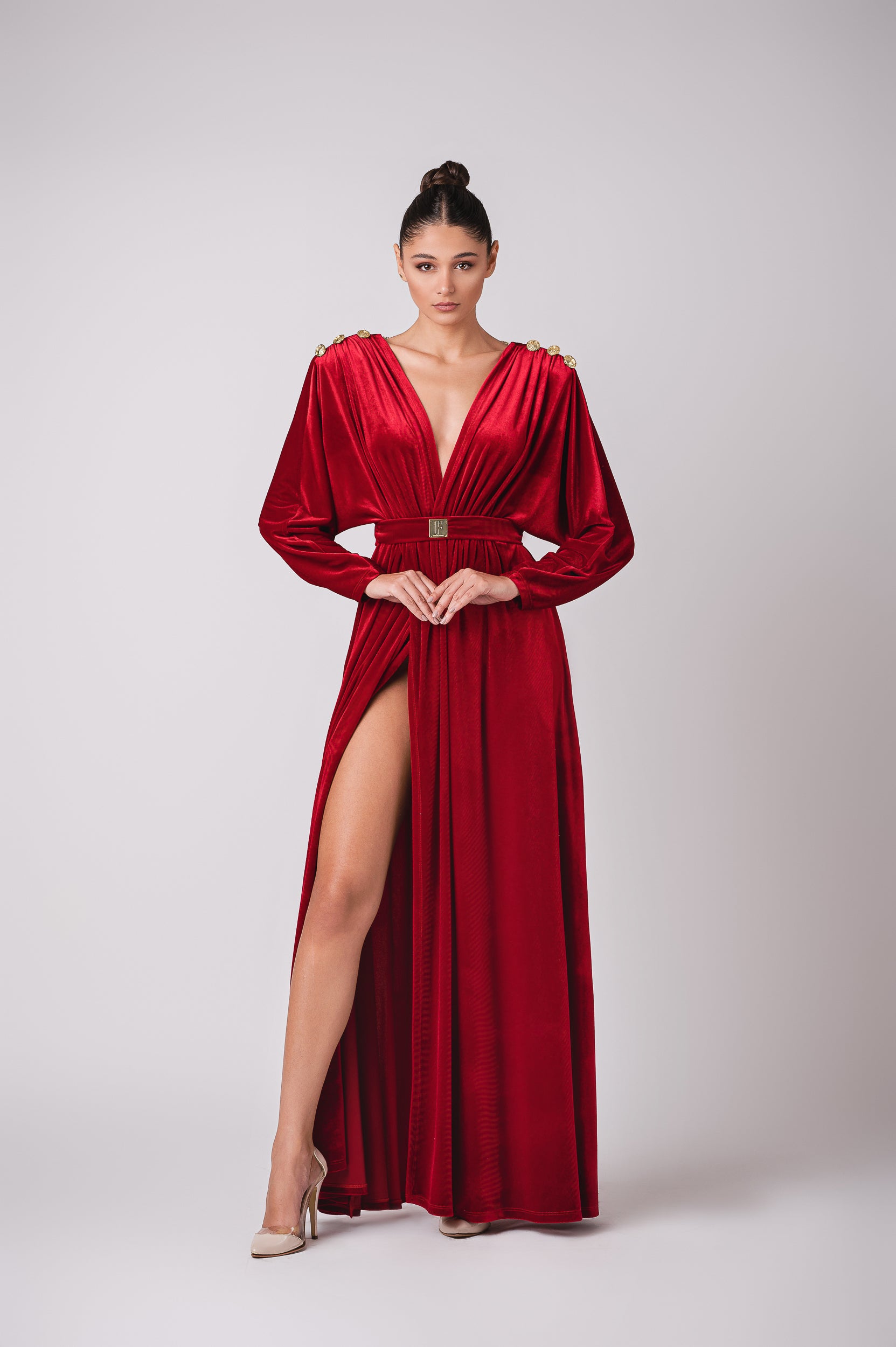 Deep plunge velour maxi dress with signature Cherine Fakhry belt and g