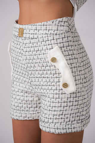 Tweed blazer with matching shorts and gold button details Tweed blazer with matching shorts and gold button details