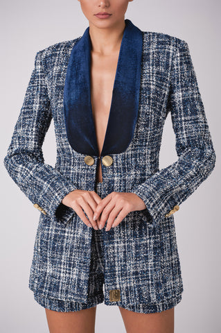 Tweed blazer with matching shorts and gold button details Tweed blazer with matching shorts and gold button details