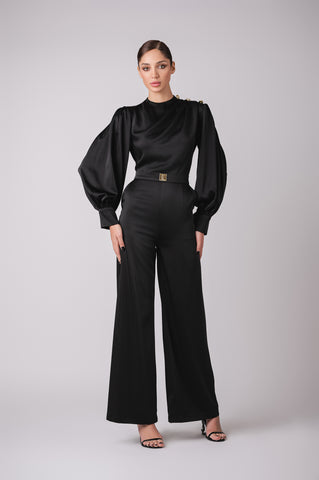 High neck satin jumpsuit with signature Cherine Fakhry belt High neck satin jumpsuit with signature Cherine Fakhry belt