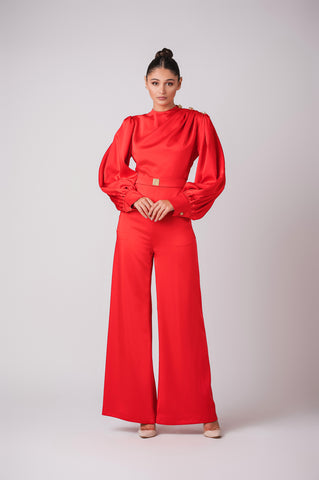 High neck satin jumpsuit with signature Cherine Fakhry belt High neck satin jumpsuit with signature Cherine Fakhry belt