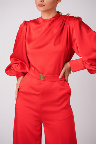High neck satin jumpsuit with signature Cherine Fakhry belt High neck satin jumpsuit with signature Cherine Fakhry belt