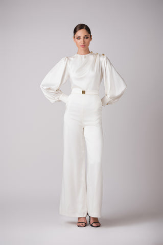 High neck satin jumpsuit with signature Cherine Fakhry belt High neck satin jumpsuit with signature Cherine Fakhry belt