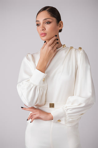 High neck satin jumpsuit with signature Cherine Fakhry belt High neck satin jumpsuit with signature Cherine Fakhry belt