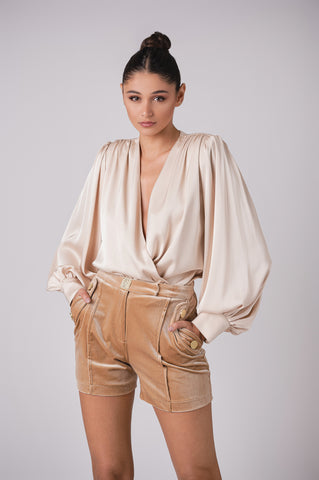 Deep Plunge Parachute Sleeve Satin Blouse Deep Plunge Parachute Sleeve Satin Blouse