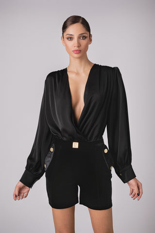 Deep Plunge Parachute Sleeve Satin Blouse Deep Plunge Parachute Sleeve Satin Blouse
