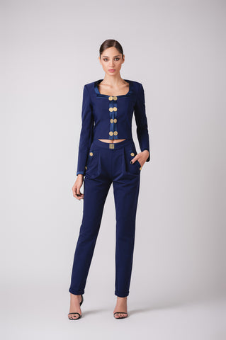 Tailored Jacket And Pant Set With Velour / Satin Trimmings And Gold Buttons Tailored Jacket And Pant Set With Velour / Satin Trimmings And Gold Buttons