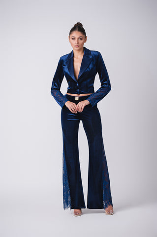 Deep plunge velour cropped jacket with flair lace detail pants Deep plunge velour cropped jacket with flair lace detail pants