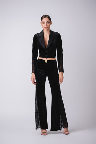 Deep plunge velour cropped jacket with flair lace detail pants Deep plunge velour cropped jacket with flair lace detail pants