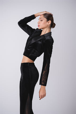 Deep plunge velour cropped jacket with flair lace detail pants Deep plunge velour cropped jacket with flair lace detail pants