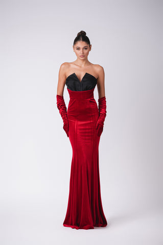 Velour evening gown with satin bustier and gloves Velour evening gown with satin bustier and gloves