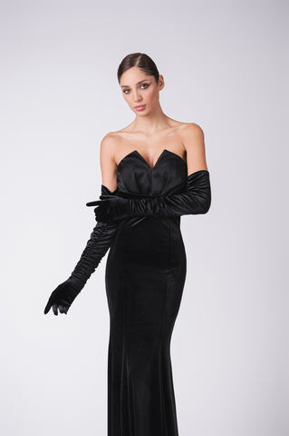 Velour evening gown with satin bustier and gloves Velour evening gown with satin bustier and gloves