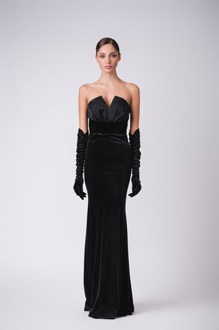 Velour evening gown with satin bustier and gloves Velour evening gown with satin bustier and gloves