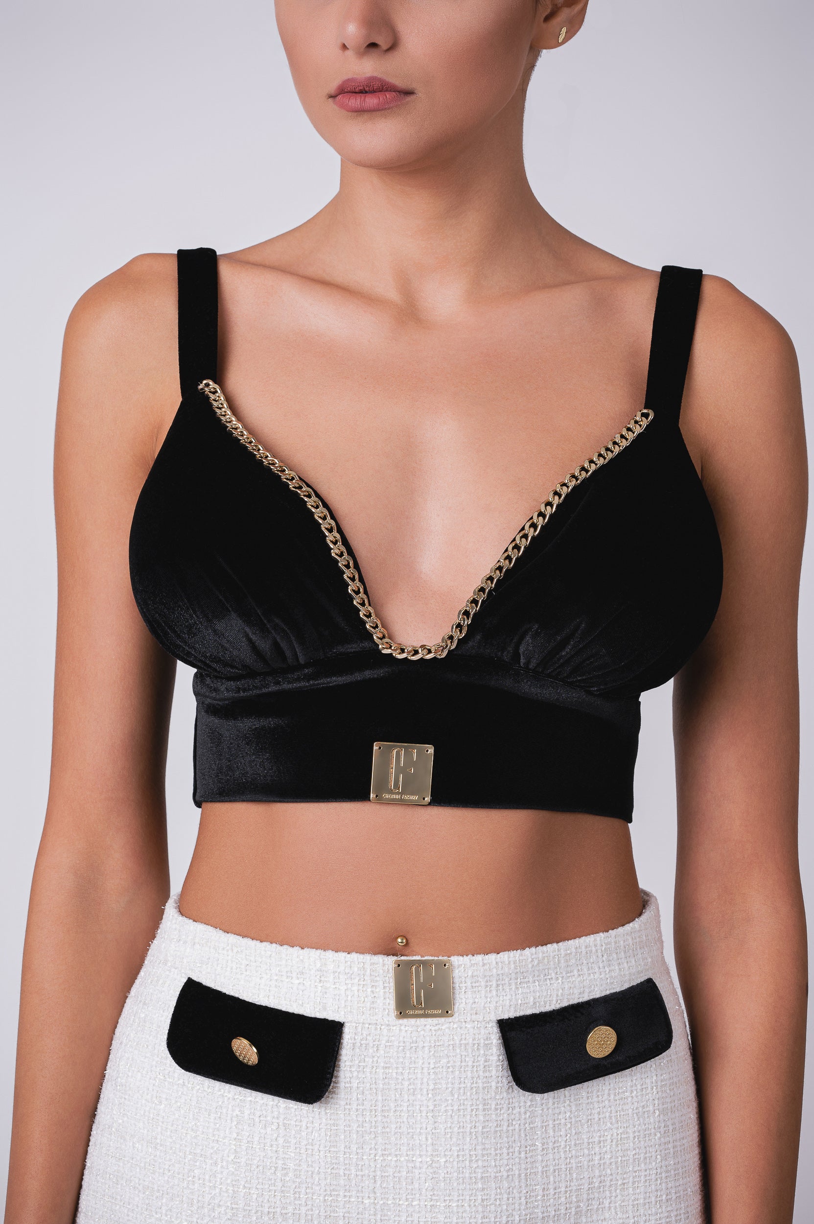 Velour Deep Plunge Crop Top With Gold Chain Detail Cherine Fakhry velour-deep-plunge-crop-top-with-gold-chain-detail-cherine-fakhry