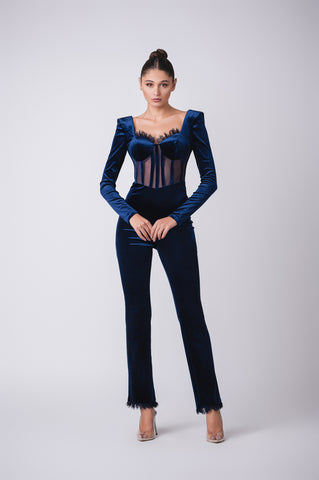 Velour corset jumpsuit with lace trim details Velour corset jumpsuit with lace trim details