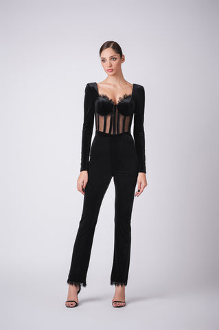 Velour corset jumpsuit with lace trim details Velour corset jumpsuit with lace trim details