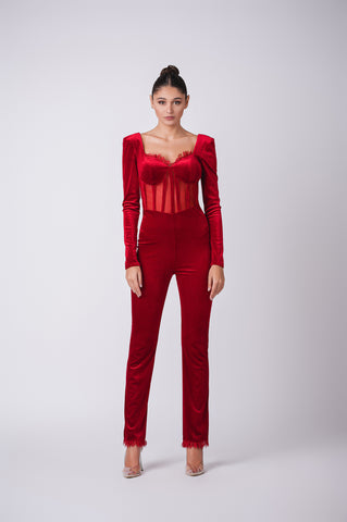 Velour corset jumpsuit with lace trim details Velour corset jumpsuit with lace trim details