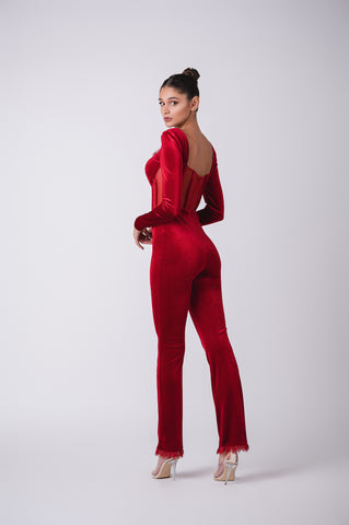 Velour corset jumpsuit with lace trim details Velour corset jumpsuit with lace trim details