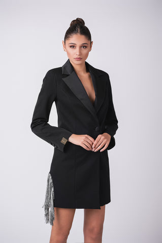 Blazer dress with a satin collar and fringe detail. Blazer dress with a satin collar and fringe detail.