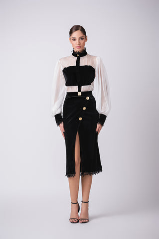 Velour pencil skirt with 3 gold buttons, front slit and lace trim Velour pencil skirt with 3 gold buttons, front slit and lace trim