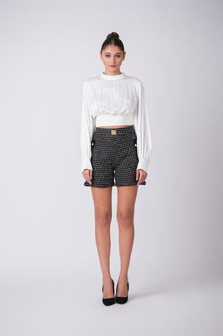 Elegant Tweed Shorts with Gold Button Detailing Elegant Tweed Shorts with Gold Button Detailing