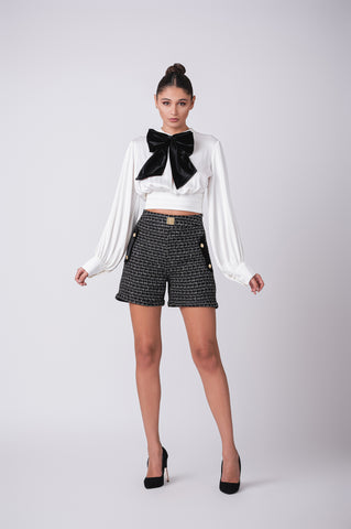 Elegant Tweed Shorts with Gold Button Detailing Elegant Tweed Shorts with Gold Button Detailing
