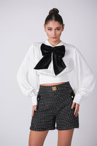 Elegant Tweed Shorts with Gold Button Detailing Elegant Tweed Shorts with Gold Button Detailing