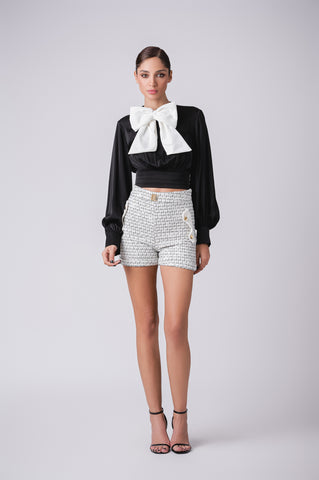 Elegant Tweed Shorts with Gold Button Detailing Elegant Tweed Shorts with Gold Button Detailing