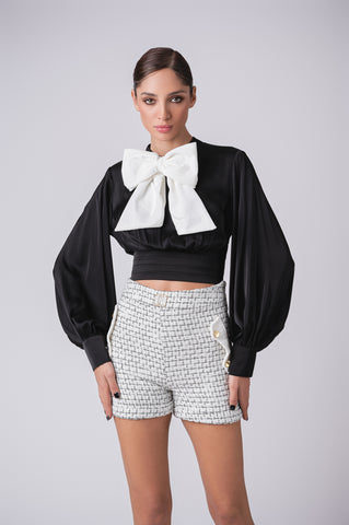 Elegant Tweed Shorts with Gold Button Detailing Elegant Tweed Shorts with Gold Button Detailing