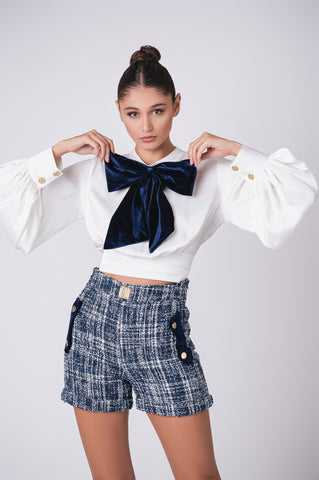 Elegant Tweed Shorts with Gold Button Detailing Elegant Tweed Shorts with Gold Button Detailing