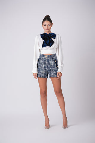 Elegant Tweed Shorts with Gold Button Detailing Elegant Tweed Shorts with Gold Button Detailing