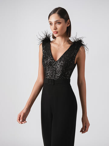 Feather shoulder glitter jumpsuit Feather shoulder glitter jumpsuit