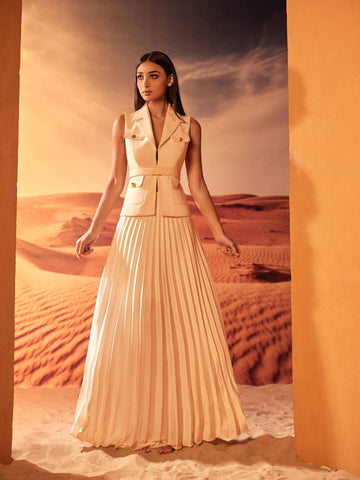 Sleeveless blazer and Pleated long skirt