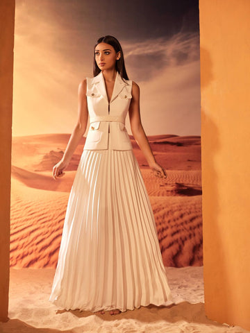 Sleeveless blazer and Pleated long skirt