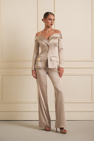 Off-Shoulder Satin Suit