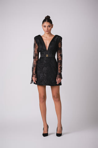 Deep plunge lace mini dress