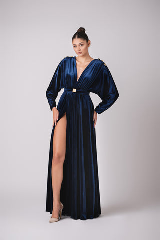 Deep plunge velour maxi dress with signature Cherine Fakhry belt and gold button details