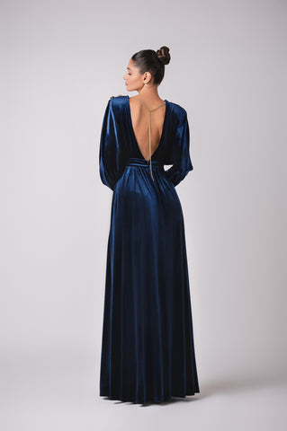 Deep plunge velour maxi dress with signature Cherine Fakhry belt and gold button details