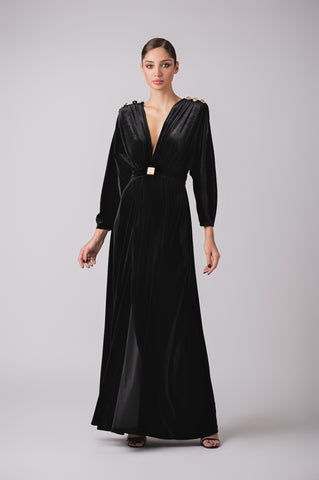 Deep plunge velour maxi dress with signature Cherine Fakhry belt and gold button details
