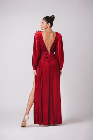 Deep plunge velour maxi dress with signature Cherine Fakhry belt and gold button details