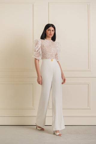 Sheer Lace Puff Sleeve Jumpsuit