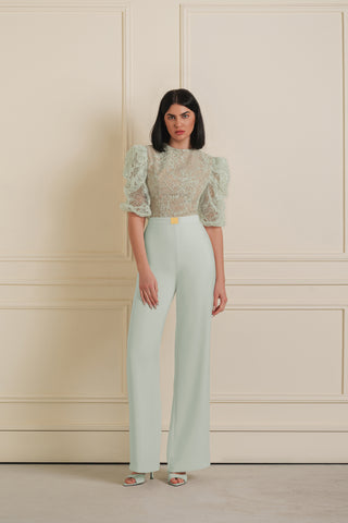 Sheer Lace Puff Sleeve Jumpsuit
