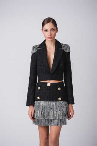 Tweed jacket with fringe shoulders & matching skirt