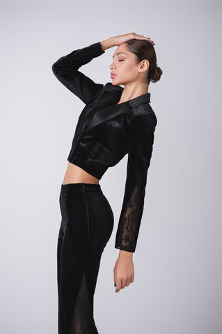 Deep plunge velour cropped jacket with flair lace detail pants